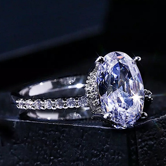 Silver Diamond Zircon Oval Solitaire Ring - Picture 10 of 13